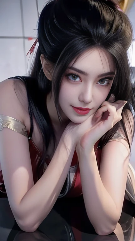 ((whole body)), 1 girl, Long hair, Red costume, （Transparent red silk）, Black Hair, Lie down, Mysterious smile, Slender eyes, Fascinating eyes, Extremely detailed photos of the goddess, Three long thin red hairpins, Elongated eyebrows, tall, Snow-white skin, Medium breasts, Exposing chest, Very high color saturation, Off-shoulder, long legs, raised eyebrows, light smile, Barefoot, bare legs, Delicate face, Fluffy hair, Small mouth, Surrealism, ray tracing, reflection light, Fujicolor, retina, masterpiece, anatomically correct, high details, highres, 8k, super detail