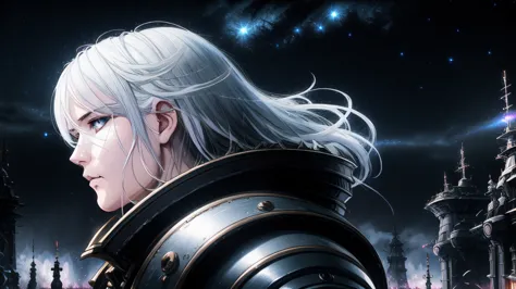 |white hair on an android| battle damaged armor| dark rainy night| epic battle scenes| wounded in battle| detailed face| 極端なdeta...