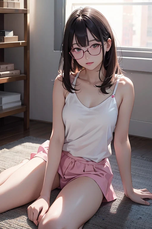 Highest quality、masterpiece、High sensitivity、High resolution、Detailed Description、Slender women、Glasses、White camisole、Sitting on the floor、A dark room、The lights illuminate、To pink color、