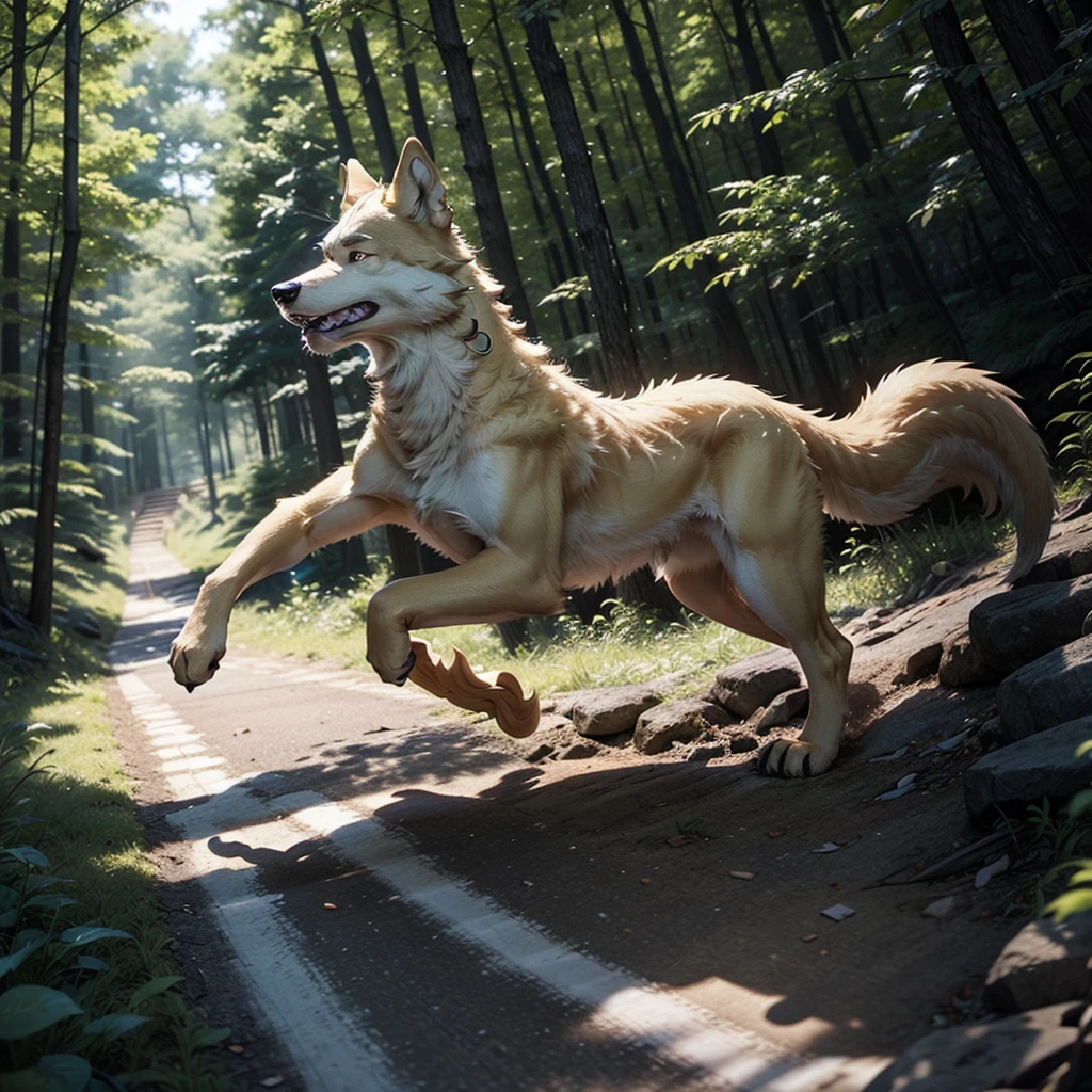 A yellow wolf boy, with a white chest, running through the forest. 