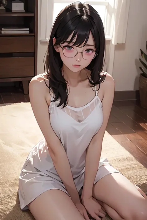 highest quality、masterpiece、high sensitivity、high resolution、detailed description、slender women、glasses、white camisole、sitting o...