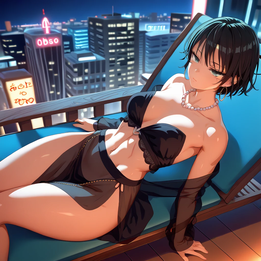 (SAFE FOR WORK), 1 female, Yusuke Murata style, Fubuki from One Punch Man, anime-style face, sexy face, high angle, aerial view, laying down, longer face, short black hair, fully lidded eyes, green eyes, puckered lips, no lipstick, slim/toned body, extremely slim waist, arched back, hour glass shape, perfect ass, black translucent robe, navel piercing, large hoop earrings, multiple jewellery across chest, black skirt, pearl necklace, sitting on lounge chair, night, detailed city background, futuristic city, penthouse, lots of skyscrapers, Tokyo, Japanese symbols neon lights, starts, thick thighs, more details, both hands across chest, tiny hearts floating above head