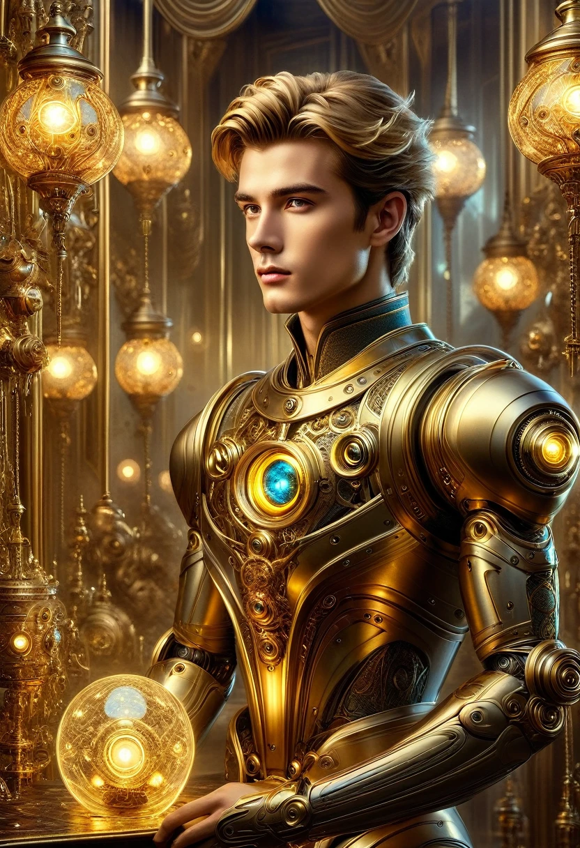 A handsome guy in a fantasy style , A surrealist painting with many small golden robot details ! Colored laser beams shine from the lamps !