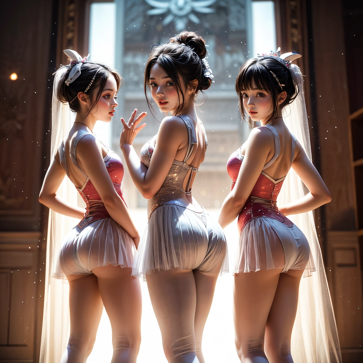 SFW, ExtremelyDetailed (((Kawaii Ballet Girls Group in a row:1.37))), Childish perfect face, Reflective Eyes, Detailed(Delicate Clothing textures), Corrected Leg Line, Corrected Hand, Dynamic Joyful Expressions LifeLike Rendering, ((Specular Reflection:0.8)), TopQuality 8K Ultra-detailed masterpiece (ProfessionalPhoto:1.37)(Acutance:0.8),(Luminism:1.28), Light particles, (Muscle:-0.5), (Transparent tutu), facing away (Clearly visible Beautiful hip shape) (from side), Renaissance art style