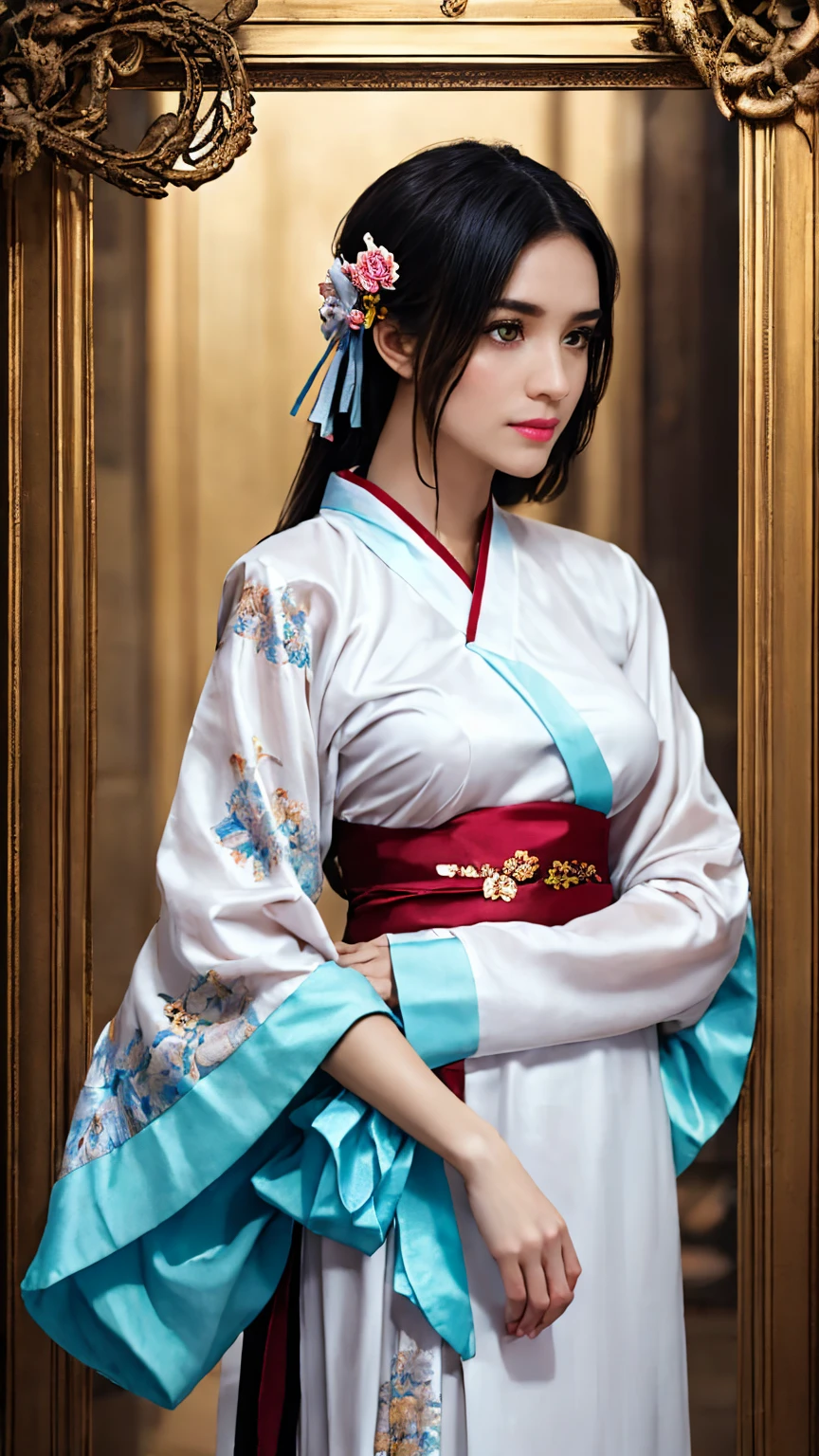 A girl, wearing hanfu, peony garden, butterfly, (negative space:1.4), fusion of art nouveau styles with gongbi painting, gold and white and red hue, Mucha style, (Cinematic lighting, ethereal light, intricate details, extremely detailed, incredible details, full colored), complex details, hyper maximalist, gorgeous light and shadow, detailed decoration, detailed lines. masterpiece, best quality, HDR, UHD, unreal engine. looking at the camera, fair skin, beautiful face