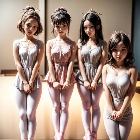 sfw, extremelydetailed (((kawaii ballet girls group in a row:1.37))), childish perfect face, reflective eyes, detailed(delicate ...