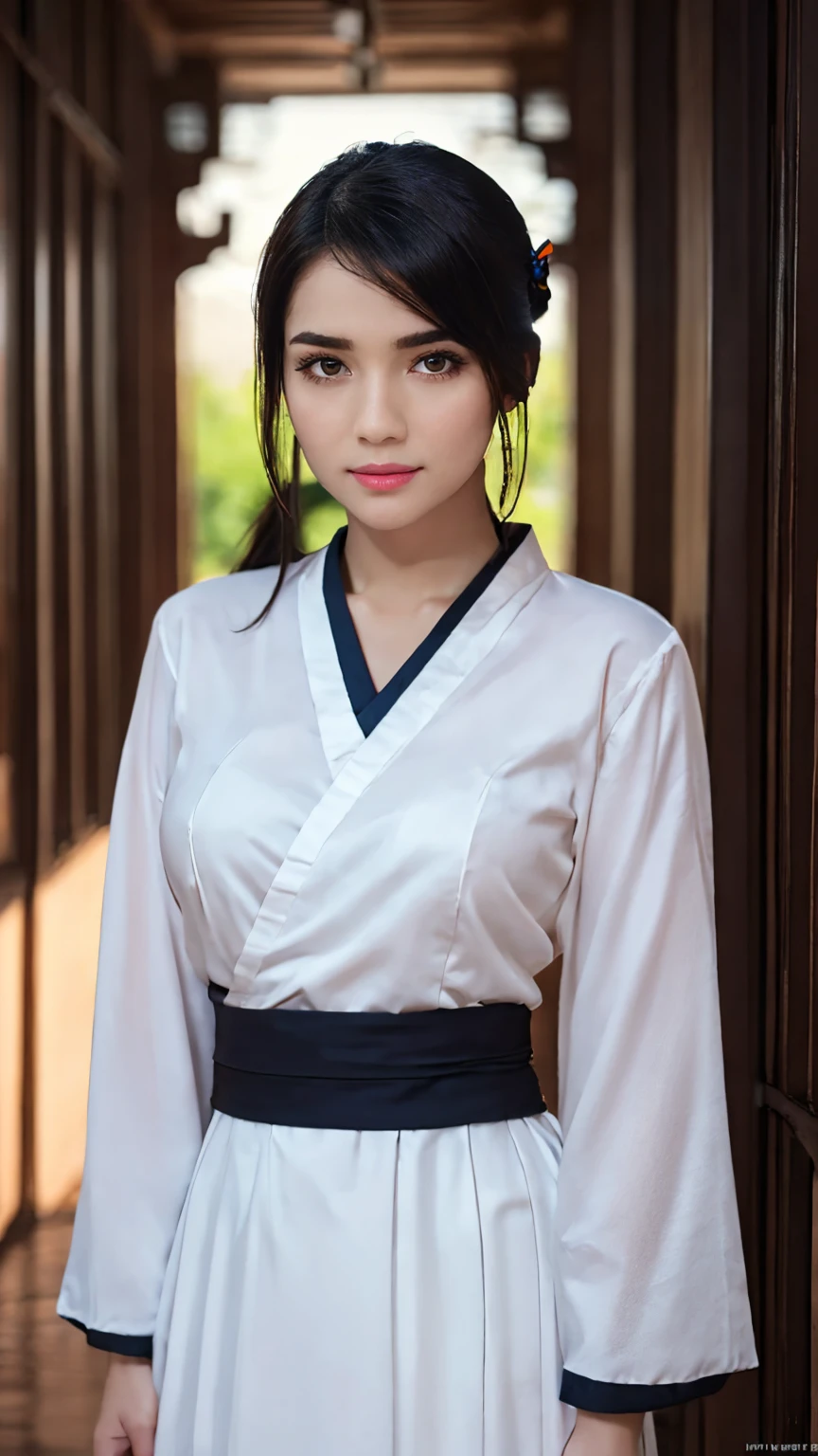 A girl, wearing hanfu, peony garden, butterfly, (negative space:1.4), fusion of art nouveau styles with gongbi painting, gold and white and red hue, Mucha style, (Cinematic lighting, ethereal light, intricate details, extremely detailed, incredible details, full colored), complex details, hyper maximalist, gorgeous light and shadow, detailed decoration, detailed lines. masterpiece, best quality, HDR, UHD, unreal engine. looking at the camera, fair skin, beautiful face