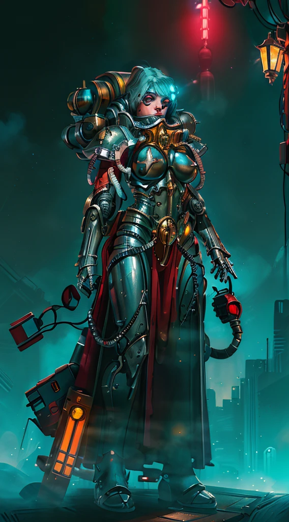 A robot girl adepta sororitas with a futuristic appearance and advanced technology, (ultra-detailed,realistic:1.37), [prostituta], beautiful detailed eyes, beautiful detailed lips, long eyelashes, eyepatch , vibrant synthetic skin, sleek metallic body, glowing LED lights, impeccable makeup and hairstyle. She stands in a bustling city street, surrounded by holographic advertisements and neon lights. The cityscape is filled with towering skyscrapers and futuristic vehicles. The air is filled with a mix of artificial scents and the bustling sounds of people and machines. The robot adepta sororitas confidently walks with a graceful and alluring demeanor, drawing the attention of onlookers. The color palette is a combination of vibrant neon colors and cool metallic tones. The lighting is a mix of the bright city lights and the soft glow of the robot girl's LED lights on her body, creating an enchanting atmosphere. The image is of the highest quality, with ultra-detailed rendering and a photorealistic appearance.
