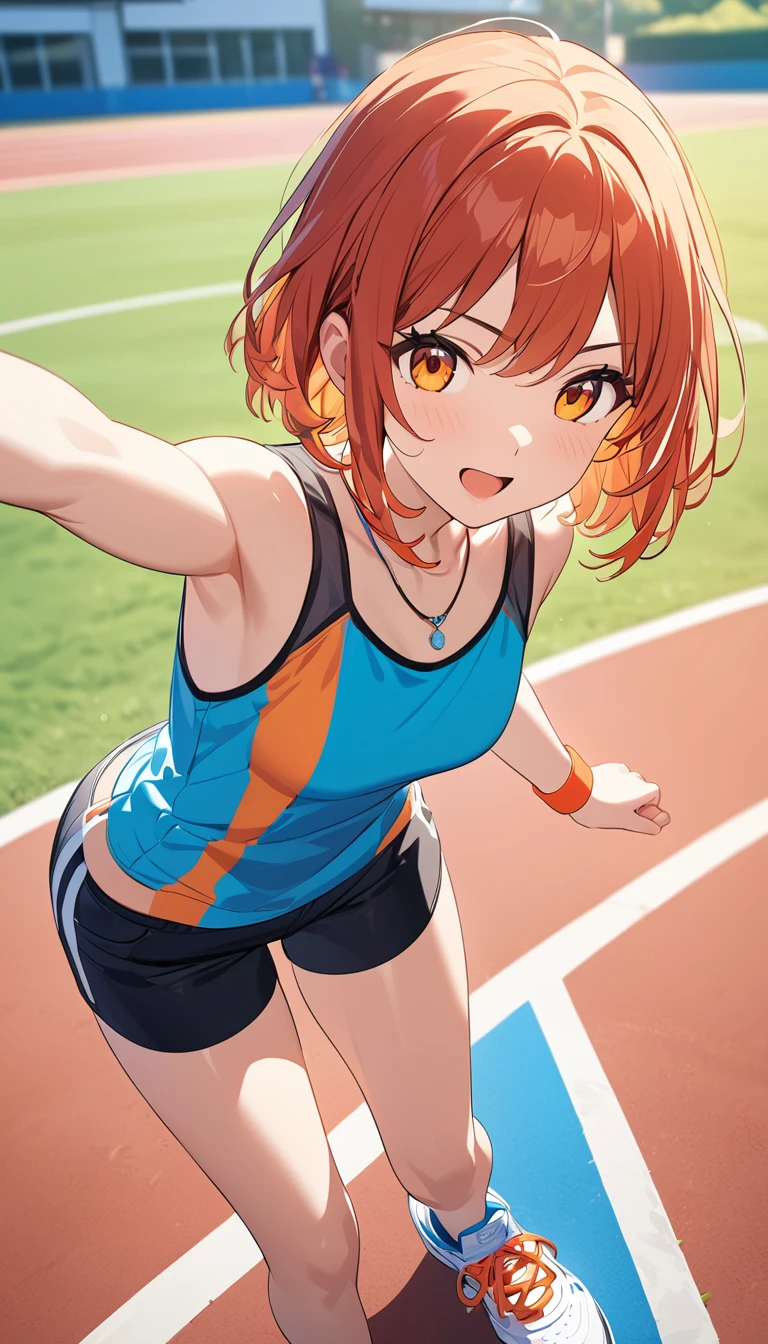 (masterpiece:1.2), game CG, highest resolution, official illustration, three-dimensional coloring, detailed coloring, (detailed description:1.3), (artistic beauty:1.3), (1girl:1.2), (solo:1.2), (cute:1.2), young girl,

red short hair, orange eyes, lively and energetic expression, muscular and healthy body, tank top, shorts, wristbands, necklace, sneakers, school ground with track and stands, sunny natural light, vibrant and sporty color scheme, anime-style, energetic and fun atmosphere