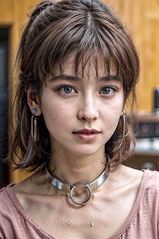 realistic, photo-realistic, masterpiece, best quality, intricate details, extremely detailed, cinematic lighting, solo, a Japanese mature woman,wearing some clothes, dark hair, bangs, ponytail, hair ornament, hair scrunchie, beautiful face, (detailed face, beautiful detailed eyes, sophisticated nose), brown eyes, pale skin, fine-textured skin, sweaty, shiny skin, earrings, (metal collar, o-ring, leash), photo background, indoors, home, 