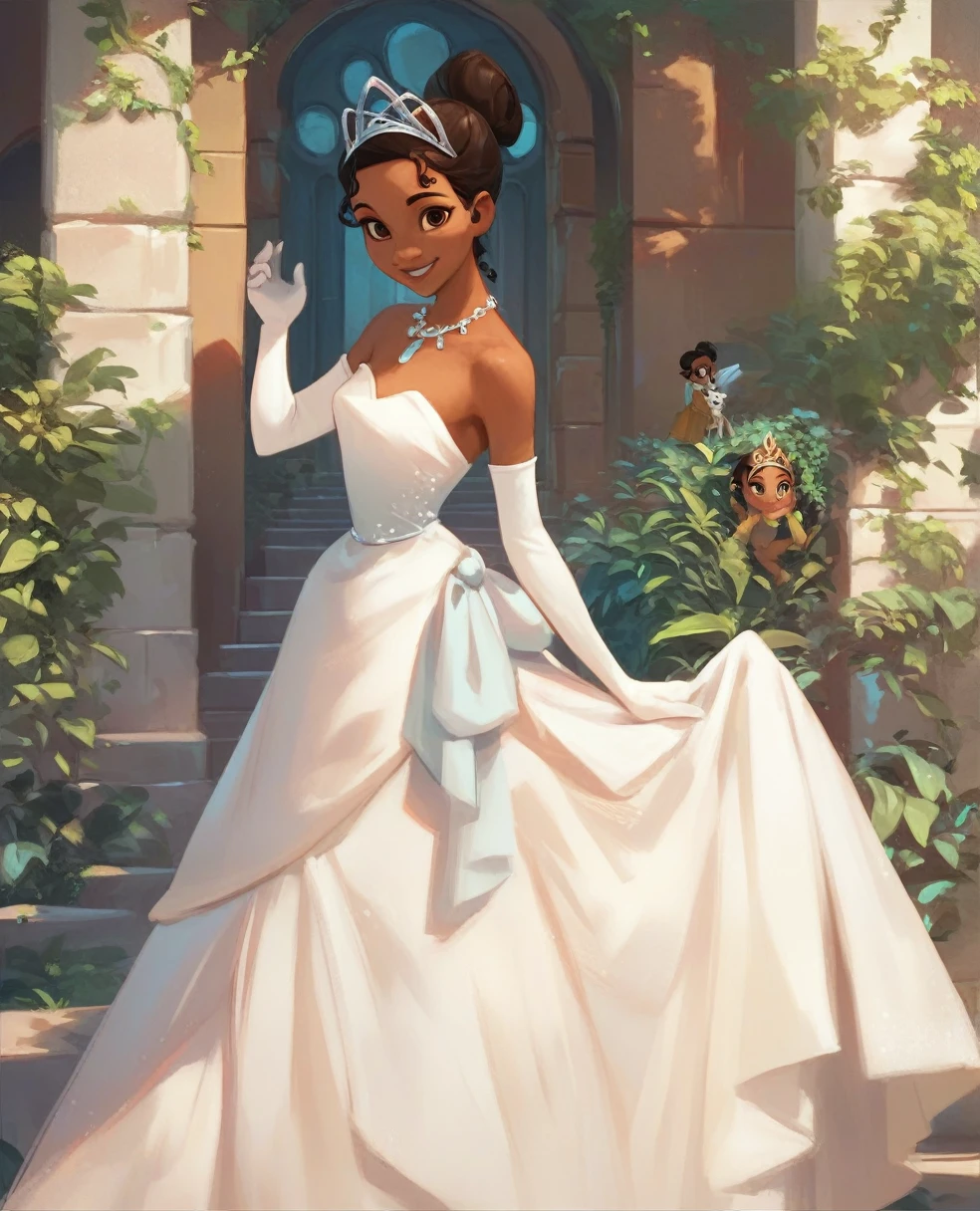 zPDXL,TianaXLP, hair bun, brown eyes, dark-skinned female, strapless dress, white dress, long skirt, necklace, elbow gloves, tiara, looking at viewer, smiling, standing, outside, courtyard, hedge, castle, sunny,