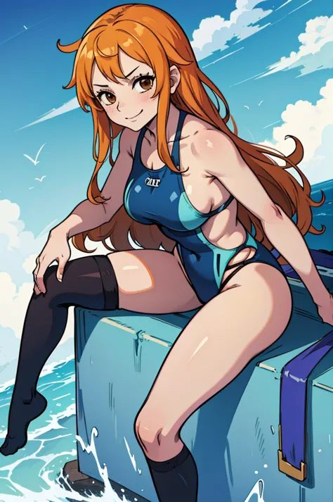 nami, masterpiece, best quality, highres, 1girl,   blue swimsuit, high socks, black socks, thigh highs, smirk