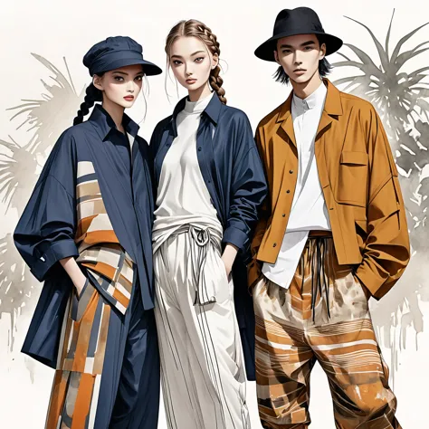 candid fashion illustration a group of young 2man and 1girl models, aged 18-23 year old, tall and slender, mixed race super mode...