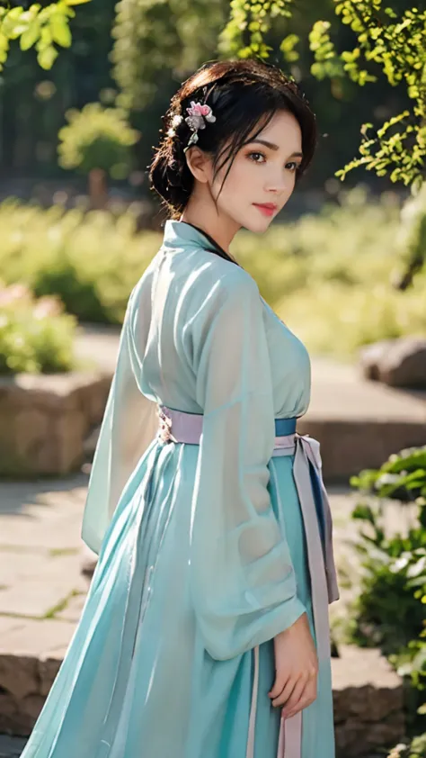 a girl, wearing see-trough hanfu, peony garden, butterfly, (negative space:1.4), (cinematic lighting, ethereal light, intricate ...