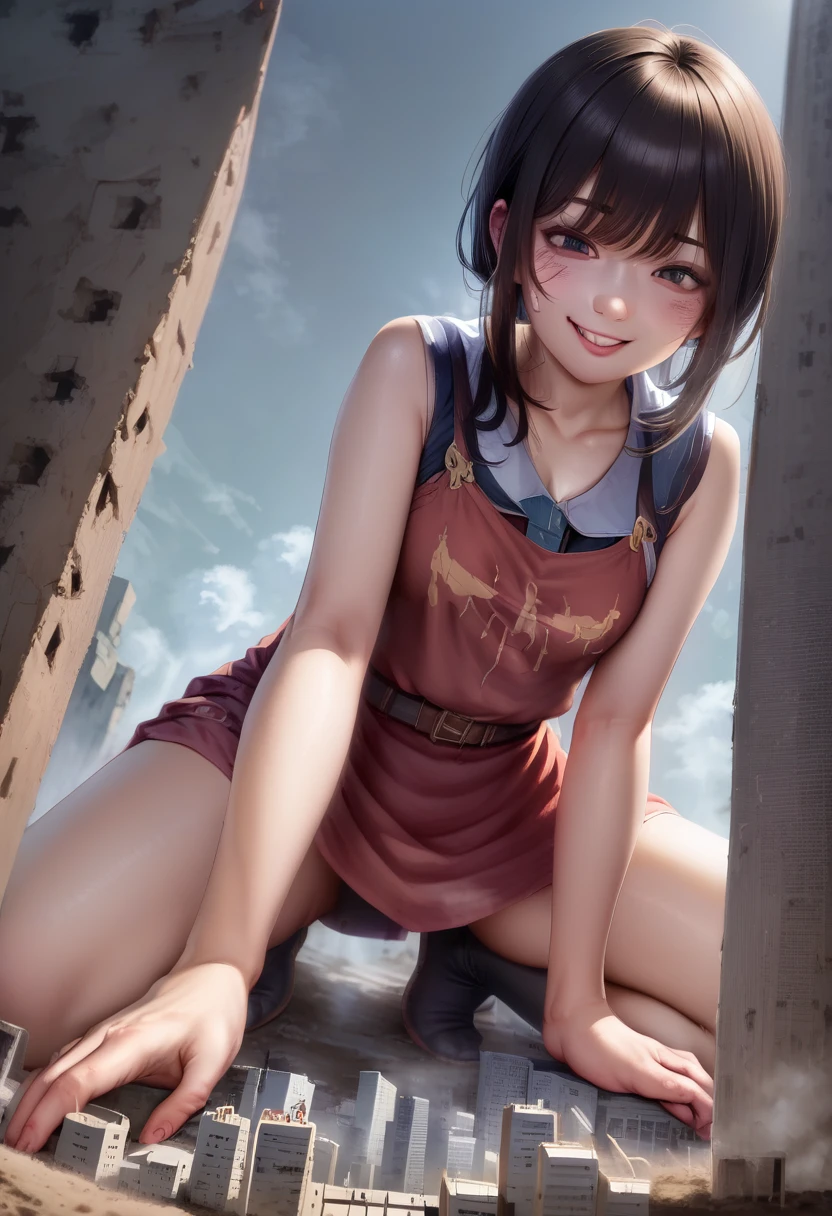 woman、giantess、Giantess、超巨大なwoman、smile、A lot of people、The fugitive々、A distant view of a broken miniature cityscape、A distant view of a broken miniature avenue、A devastating landscape、Devastating damage、Miniature ruins scenery、womanを大きく描く、fire、Black smoke、Miniature aerial photography、Relaxing by sitting on a miniature