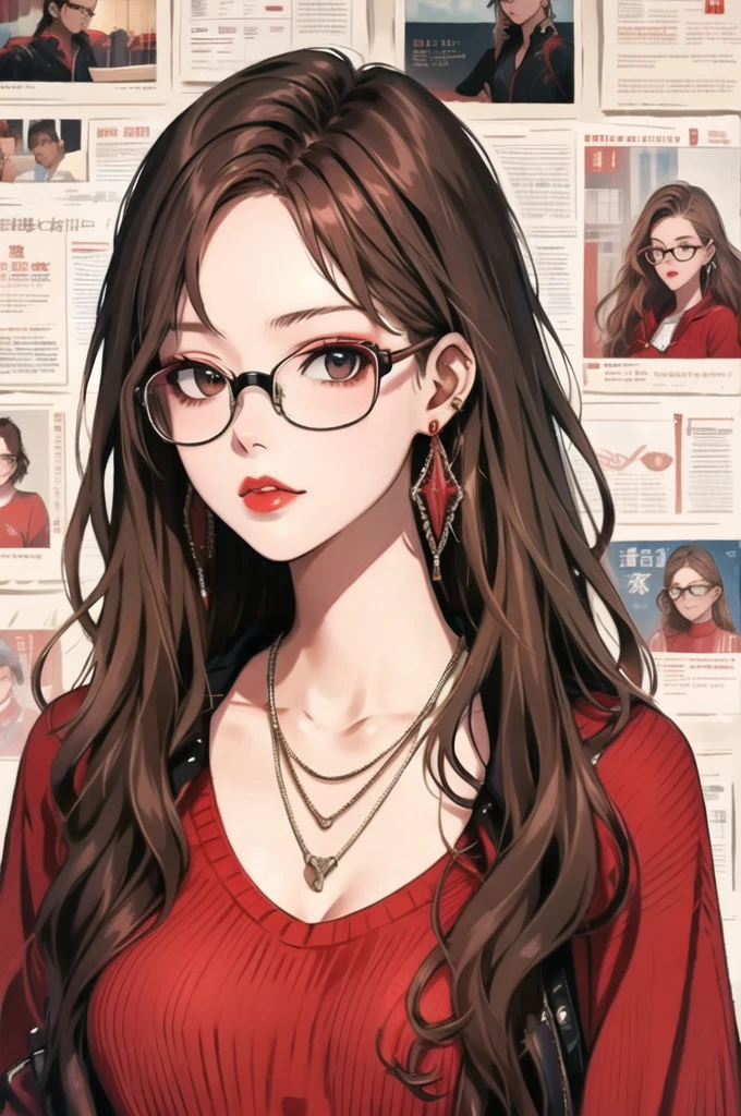 Newspaper wall, Glasses, Lips parted, Glassesを見ている,  black Jacket, jewelry, Long Hair, Jacket, Red Shirt, alone, Upper Body, Brown Hair, One person, necklace, Earrings, red sweater, View your viewers, 赤色のGlasses, sweater, red Jacket, Red lips