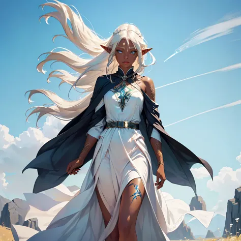 female elf with platinum blonde hair dancing alone on a magic circle, dark skinned female elf, robes blowing in the wind, hair b...