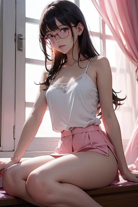 highest quality、masterpiece、high sensitivity、high resolution、detailed description、slender women、glasses、white camisole、sitting o...