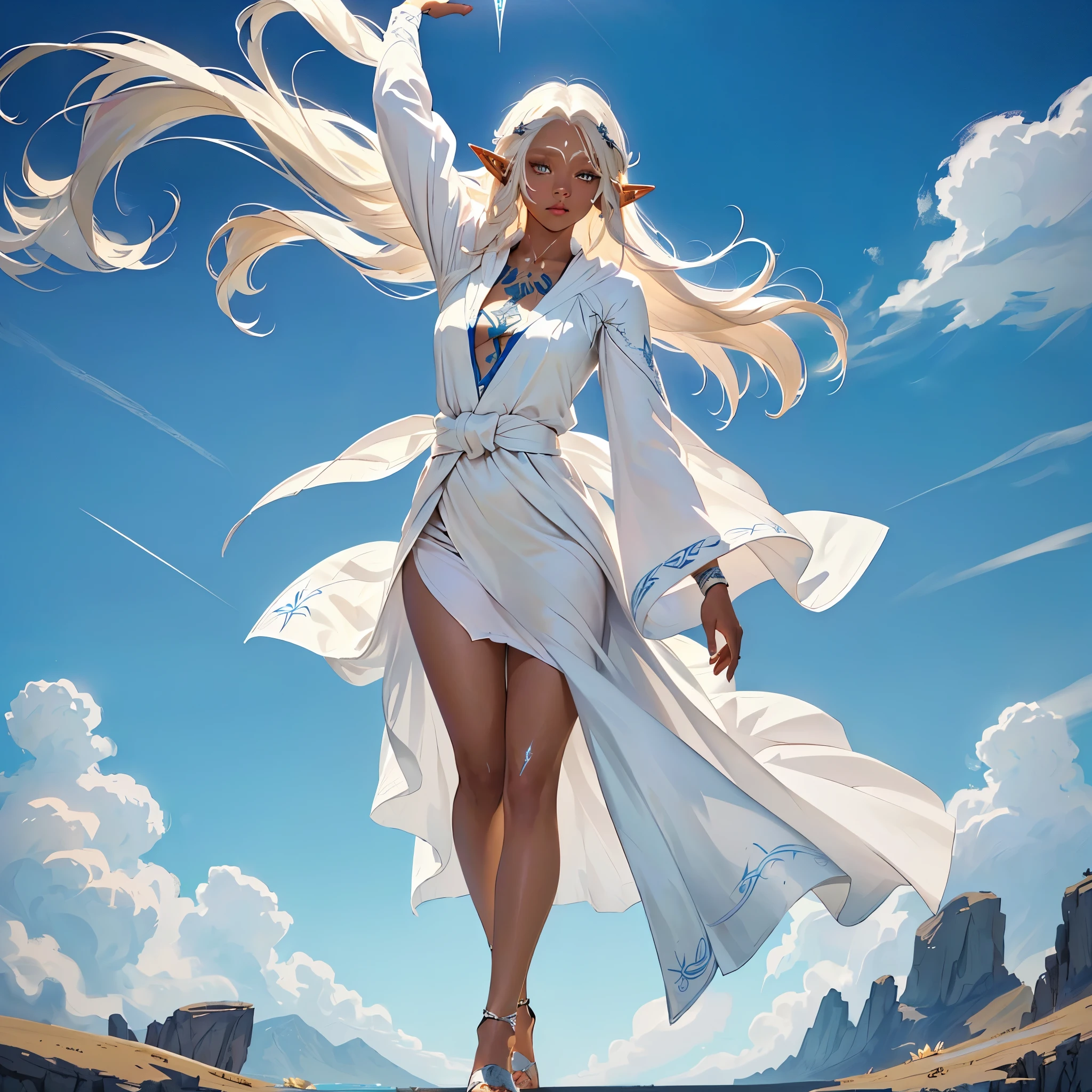 Female elf with platinum blonde hair dancing alone on a magic circle, Dark skinned female elf, robes blowing in the wind, hair blowing in the wind, calm face, she has white tattoos like lightning on her face, she has white tattoos all over her body, cool, sky is blue, full body portrait of her