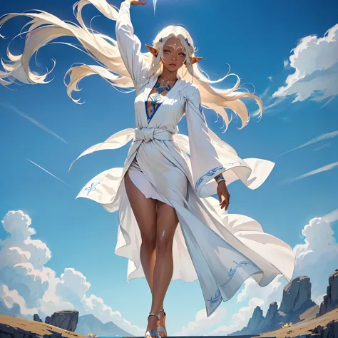 female elf with platinum blonde hair dancing alone on a magic circle, dark skinned female elf, robes blowing in the wind, hair b...