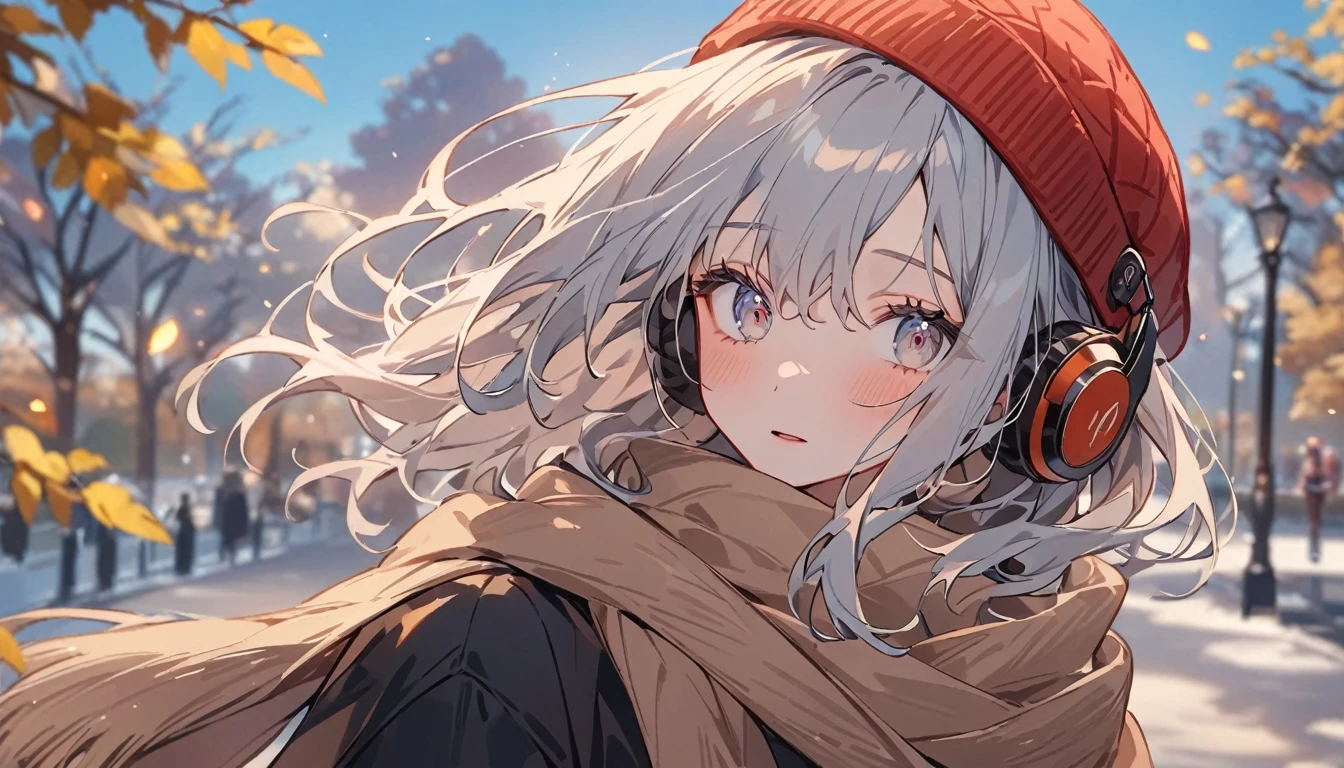 Anime Style、pretty girl、Tabletop:1.2, high quality, 最high quality, High resolution, Surreal, and, Short Bob，Dirty hair, Light grey eyes,Infinitely clear eyes，，High neck inner，Red knitted hat，scarf，Long skirt，Are standing，Tilt your head, Outdoor，Spring Park:1.5，Blurred Background, Portraiture,Natural look, (詳しいface), ((Sharp focus)), ((face)), Upper body_body，Spring comfort、Spring Park、Spring Sky、The world begins to emerge、Headphones