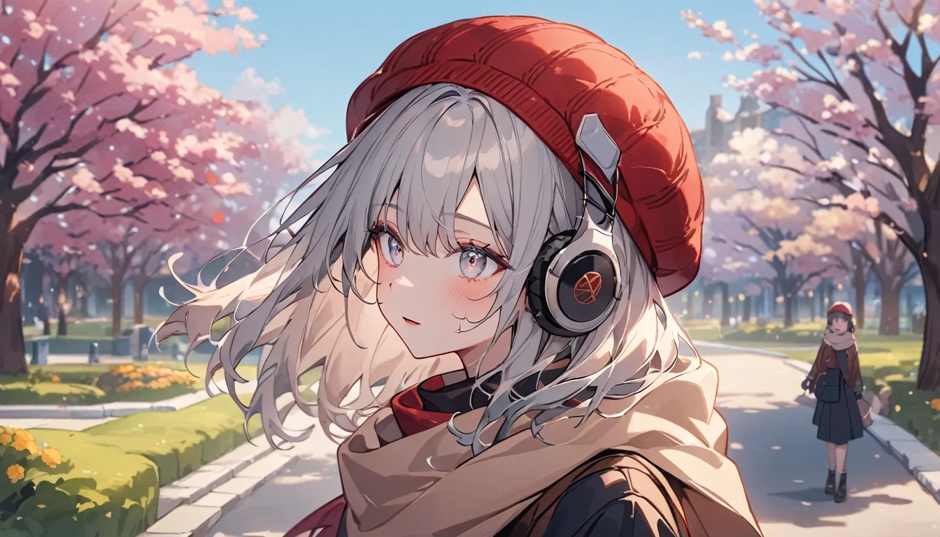 Anime Style、pretty girl、Tabletop:1.2, high quality, 最high quality, High resolution, Surreal, and, Short Bob，Dirty hair, Light grey eyes,Infinitely clear eyes，，High neck inner，Red knitted hat，scarf，Long skirt，Are standing，Tilt your head, Outdoor，Spring Park:1.5，Blurred Background, Portraiture,Natural look, (詳しいface), ((Sharp focus)), ((face)), Upper body_body，Spring comfort、Spring Park、Spring Sky、The world begins to emerge、Headphones