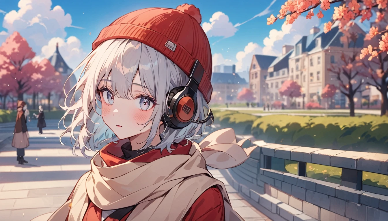 Anime Style、pretty girl、Tabletop:1.2, high quality, 最high quality, High resolution, Surreal, and, Short Bob，Dirty hair, Light grey eyes,Infinitely clear eyes，，High neck inner，Red knitted hat，scarf，Long skirt，Are standing，Tilt your head, Outdoor，Spring Park:1.5，Blurred Background, Portraiture,Natural look, (詳しいface), ((Sharp focus)), ((face)), Upper body_body，Spring comfort、Spring Park、Spring Sky、The world begins to emerge、Headphones