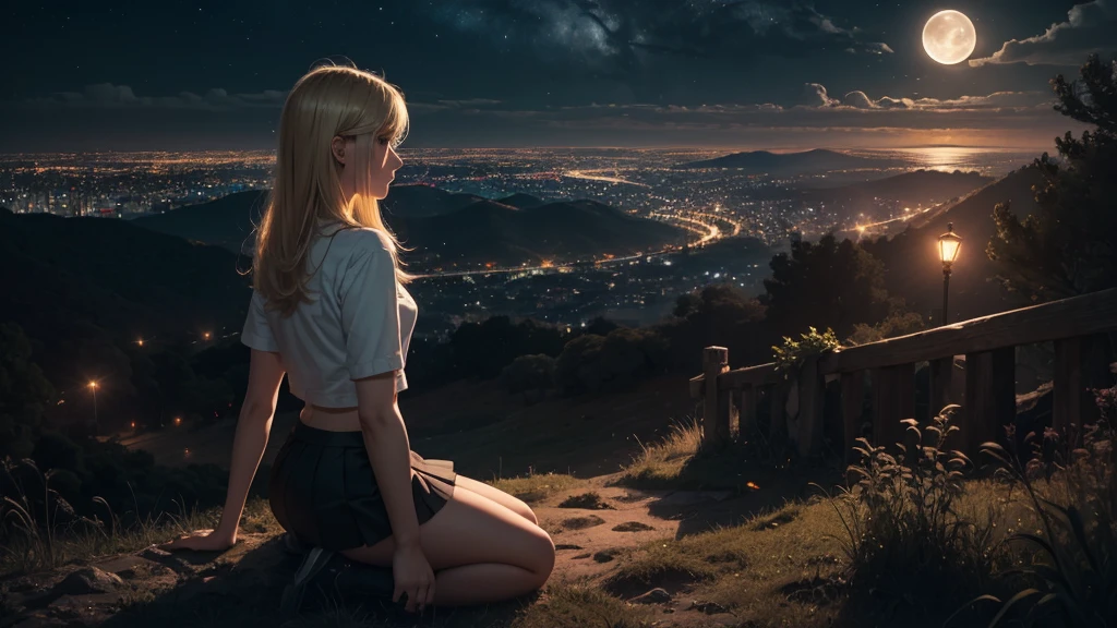 arafed blond girl in miniskirt stay on top of a hill and looks at the lights of a city and a big moon rises in the background. cinematic, moonlight, night,