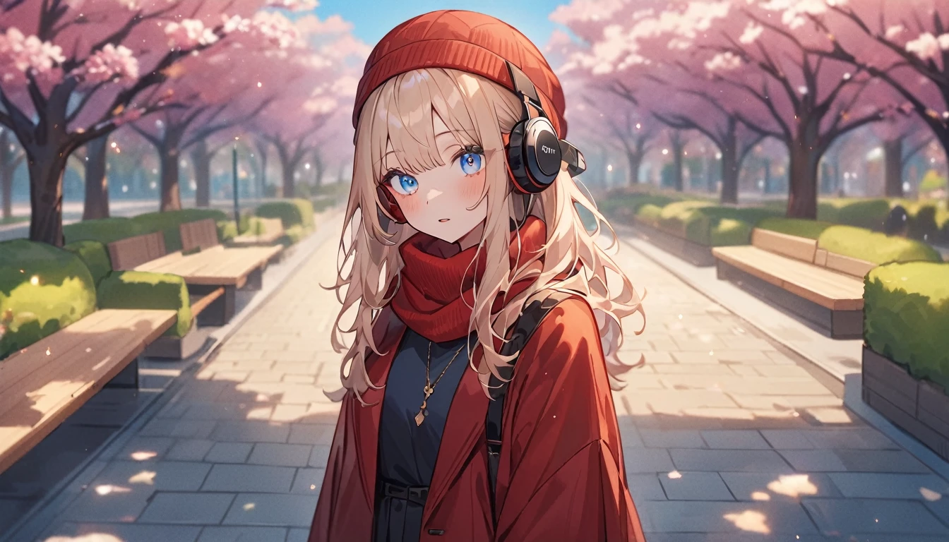 Anime Style、cute、Tabletop:1.2, high quality, 最high quality, High resolution, Surreal, and, Short Bob，Dirty hair, Bright blue eyes,Infinitely clear eyes，，High neck inner，Red knitted hat，scarf，Long skirt，Are standing，Tilt your head, Outdoor，Spring Park:1.5，Blurred Background, Portraiture,Natural look, (詳しいface), ((Sharp focus)), ((face)), Upper body_body，Spring comfort、Spring Park、Spring Sky、The world begins to emerge、Headphones