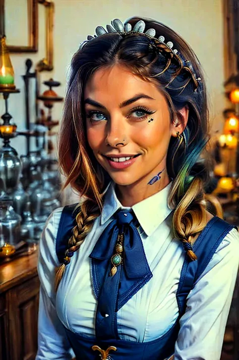 (style of robert mccall:1.15), close range of elizabethturner, focus on smiling face, wearing a maid dress her pea soup color ha...