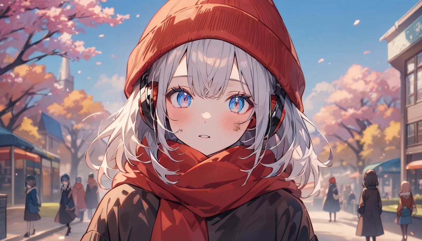 Anime Style、cute、Tabletop:1.2, high quality, 最high quality, High resolution, Surreal, and, Short Bob，Dirty hair, Bright blue eyes,Infinitely clear eyes，，High neck inner，Red knitted hat，scarf，Long skirt，Are standing，Tilt your head, Outdoor，Spring Park:1.5，Blurred Background, Portraiture,Natural look, (詳しいface), ((Sharp focus)), ((face)), Upper body_body、Spring Park、Winter Sky、The world begins to emerge、Headphones