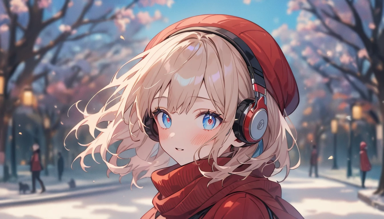 Anime Style、cute、Tabletop:1.2, high quality, 最high quality, High resolution, Surreal, and, Short Bob，Dirty hair, Bright blue eyes,Infinitely clear eyes，，High neck inner，Red knitted hat，scarf，Long skirt，Are standing，Tilt your head, Outdoor，Spring Park:1.5，Blurred Background, Portraiture,Natural look, (詳しいface), ((Sharp focus)), ((face)), Upper body_body、Spring Park、Winter Sky、The world begins to emerge、Headphones