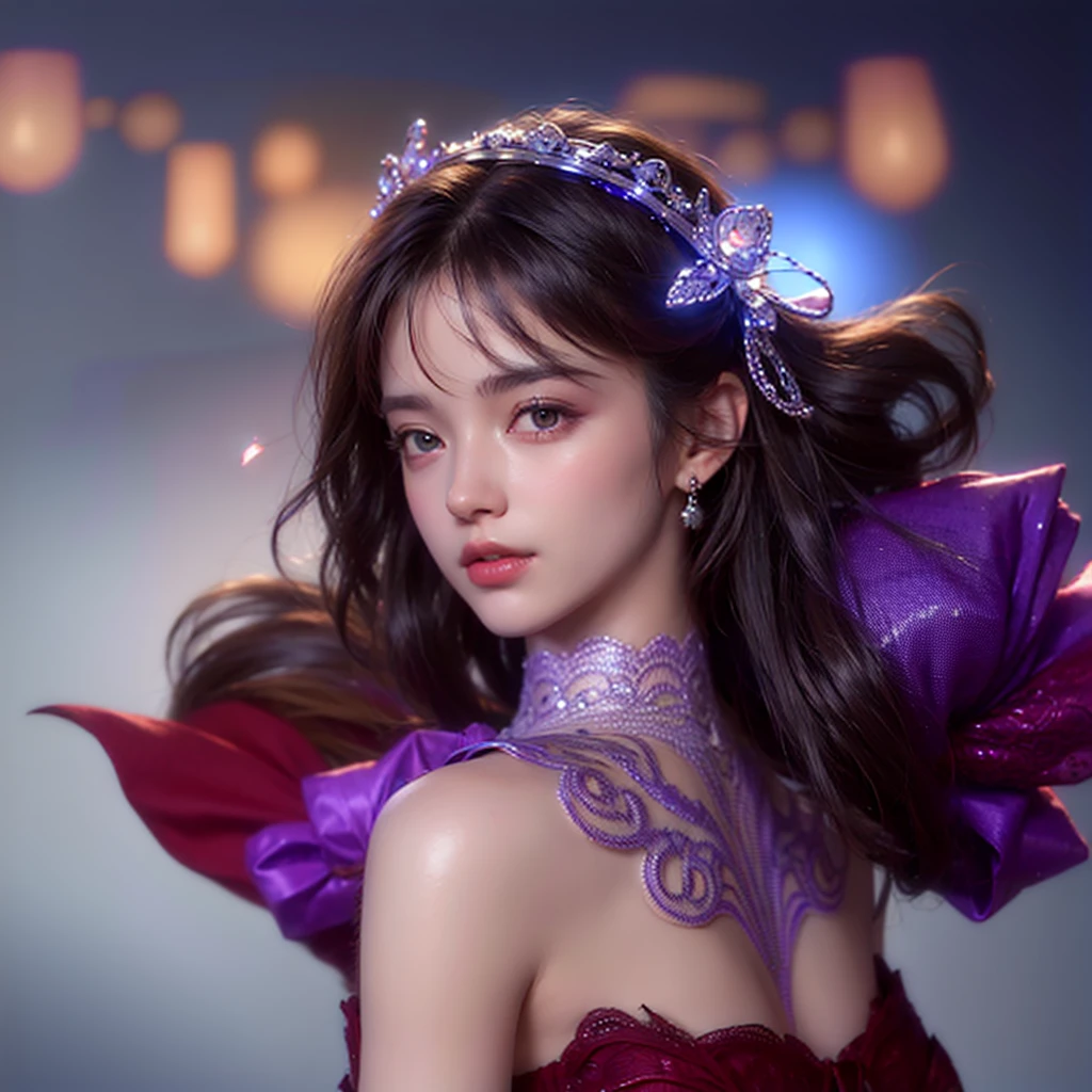 front_view, masterpiece, best quality, photorealistic, raw photo, (1girl, looking at viewer), long hair, mechanical purple armor, intricate armor, delicate blue filigree, intricate filigree, red metalic parts, detailed part, dynamic pose, detailed background, dynamic lighting,