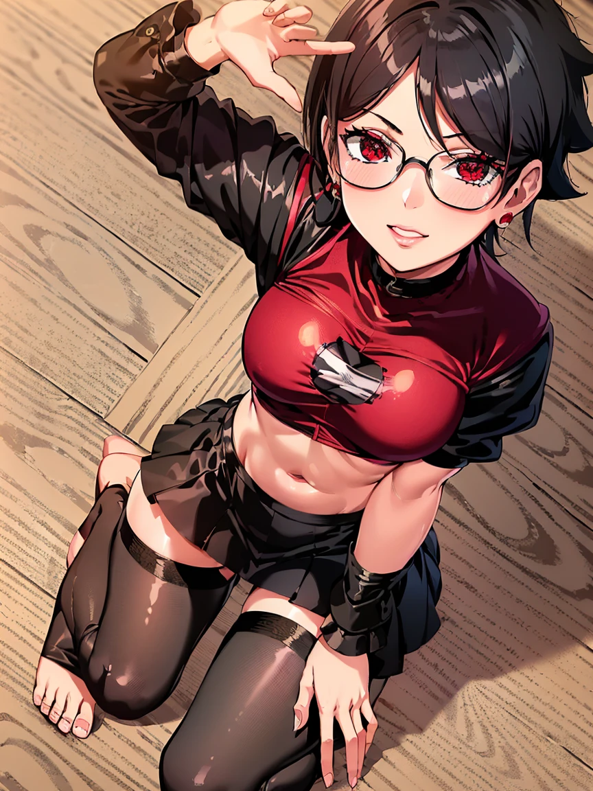 ((Top quality)), ((Masterpiece)), ((best quality:1.2,)) (((Sarada Uchiha , 1girl, solo, aroused))), full body