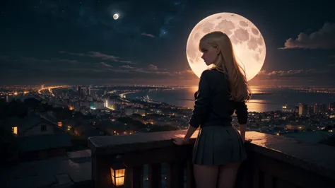 arafed blond girl in miniskirt stay on top of a hill and looks at the lights of a city and a big moon rises in the background. c...