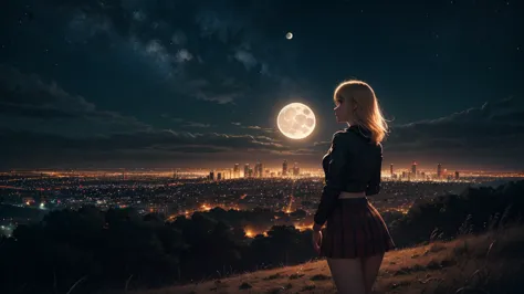 arafed blond girl in miniskirt stay on top of a hill and looks at the lights of a city and a big moon rises in the background. c...