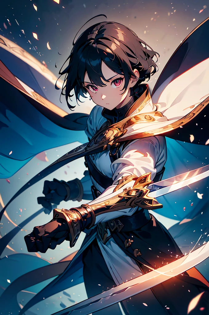 k minus 1, (masterpiece:1.2, Highest quality),(Colored Background) (Beautiful attention to detail: 1.2), (Highly detailed CG Unity 8K wallpapers, masterpiece, Highest quality, Very detailed, Best Shadow), (Detailed Background) ,arms(Holding a glowing sword),alone ,Black Hair,Eyes with no red light,One person,Young face 