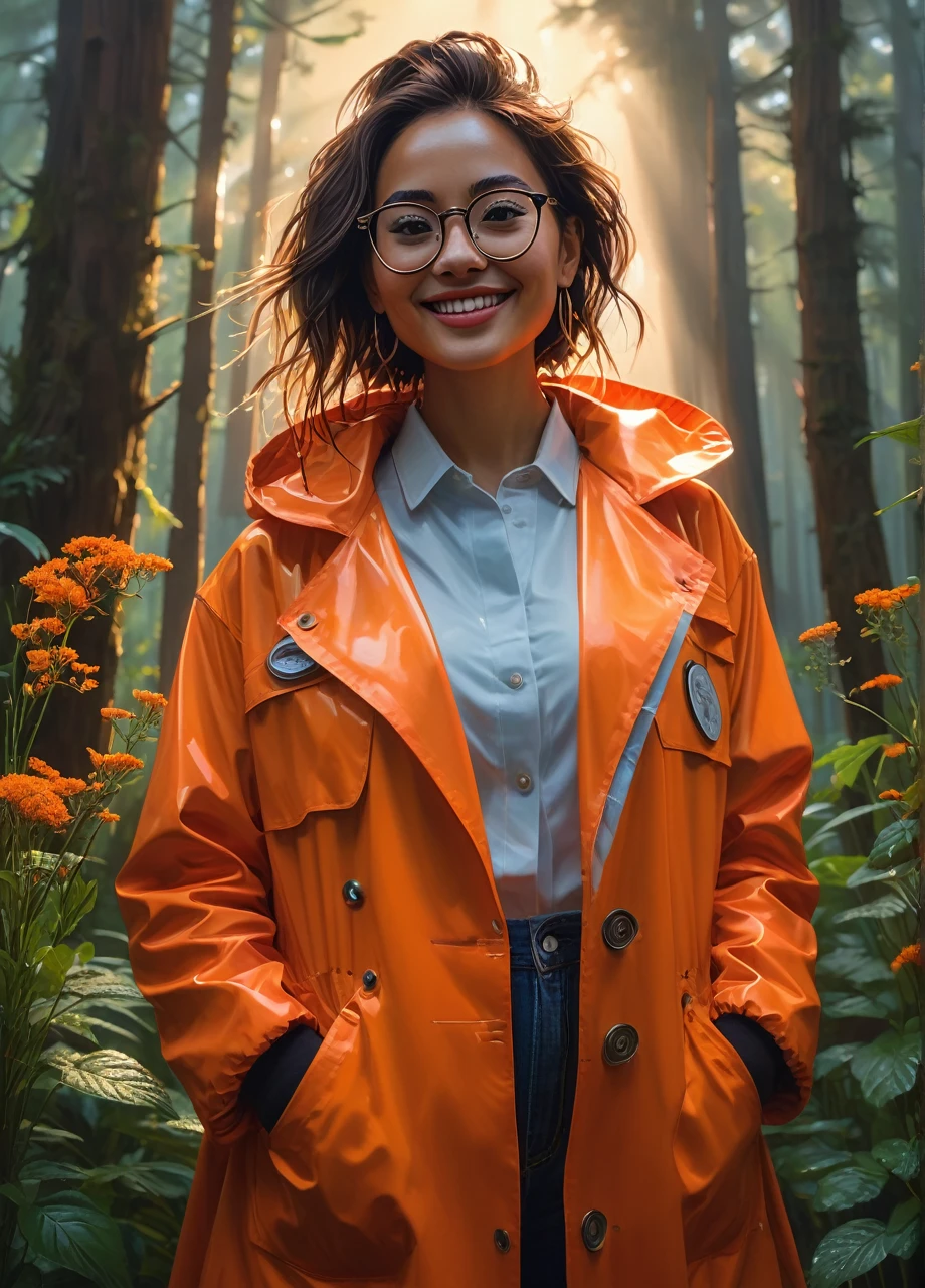 (front view, full body shot photo of the most beautiful artwork in the world featuring a beautiful smiling modern female, horny facial expression), Young and beautiful doctor dressed in a coat made of natural fabrics, with bunches of herbs and flowers in the pockets, sexy eyeglasses, intelligent but exciting look, ((mixed race woman)), sexy, big eyes, (symmetrical hoop earrings), (fantasy forest futuristic look), (neon lights), night, slow motion, (symmetrical), (reflections), orange raincoat, ((intricate detail)), nostalgia, ((heart professional majestic oil painting by Ed Blinkey)), Atey Ghailan, Studio Ghibli, by Jeremy Mann, Greg Manchess, Antonio Moro, (trending on ArtStation), trending on CGSociety, ((Intricate)), ((High Detail)), (8K), Sharp focus, dramatic, stunning god rays, photorealistic painting art by midjourney and greg rutkowski