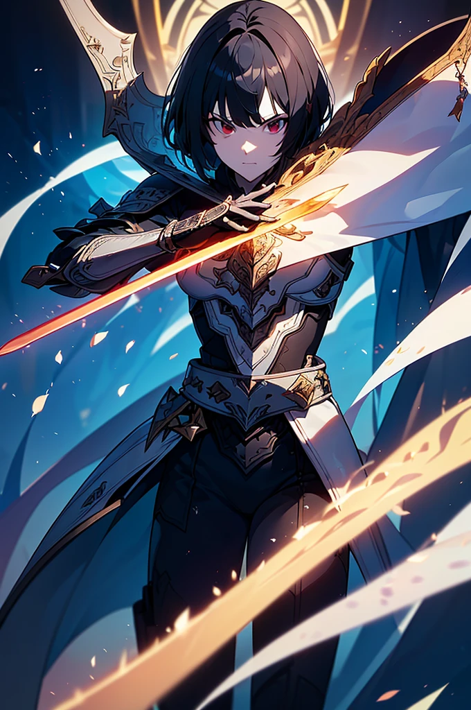 Short Hair, k minus 1, (masterpiece:1.2, Highest quality),(Colored Background) (Beautiful attention to detail: 1.2), (Highly detailed CG Unity 8K wallpapers, masterpiece, Highest quality, Very detailed, Best Shadow), (Detailed Background) ,arms(Holding a glowing sword),alone ,Black Hair,Eyes with no red light,One person,Young face