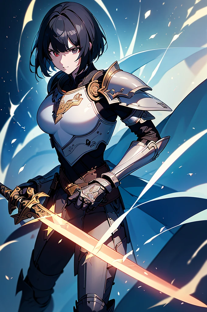 Short Hair, k minus 1, (masterpiece:1.2, Highest quality),(Colored Background) (Beautiful attention to detail: 1.2), (Highly detailed CG Unity 8K wallpapers, masterpiece, Highest quality, Very detailed, Best Shadow), (Detailed Background) ,arms(Holding a glowing sword),alone ,Black Hair,Eyes with no red light,One person,Young face