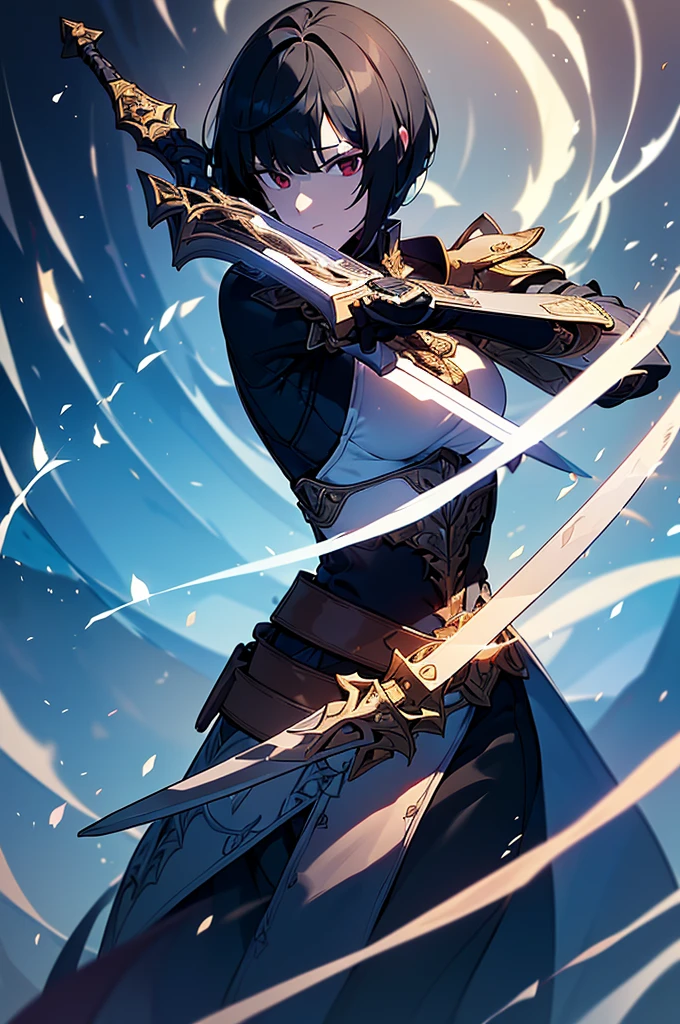 Short Hair, k minus 1, (masterpiece:1.2, Highest quality),(Colored Background) (Beautiful attention to detail: 1.2), (Highly detailed CG Unity 8K wallpapers, masterpiece, Highest quality, Very detailed, Best Shadow), (Detailed Background) ,arms(Holding a glowing sword),alone ,Black Hair,Eyes with no red light,One person,Young face