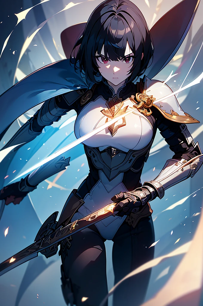 Short Hair, k minus 1, (masterpiece:1.2, Highest quality),(Colored Background) (Beautiful attention to detail: 1.2), (Highly detailed CG Unity 8K wallpapers, masterpiece, Highest quality, Very detailed, Best Shadow), (Detailed Background) ,arms(Holding a glowing sword),alone ,Black Hair,Eyes with no red light,One person,Young face