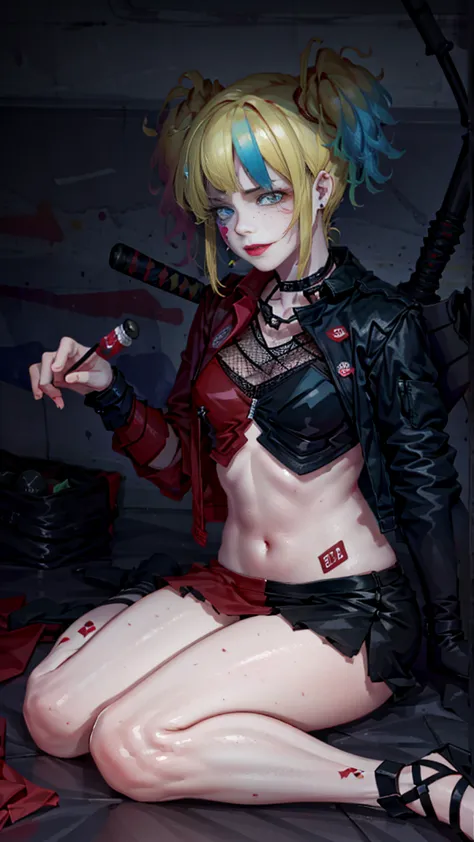 harley quinn from suicide squad, (((triple d cup breasts))), holds baseball bats behind his neck, big ass, full body dress, hide...