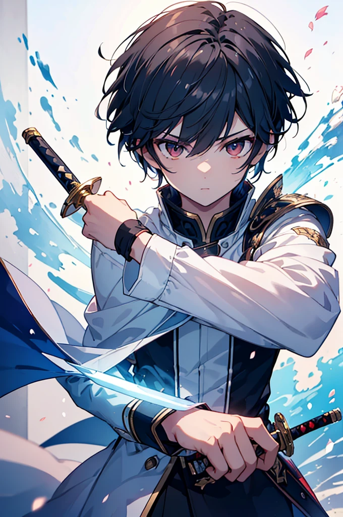 youth、male、Short hair brushed up, k minus 1, (masterpiece:1.2, Highest quality),(Colored Background) (Beautiful attention to detail: 1.2), (Highly detailed CG Unity 8K wallpapers, masterpiece, Highest quality, Very detailed, Best Shadow), (Detailed Background) ,arms(Holding a glowing sword),alone ,Black Hair,Eyes with no red light,One person,Young face