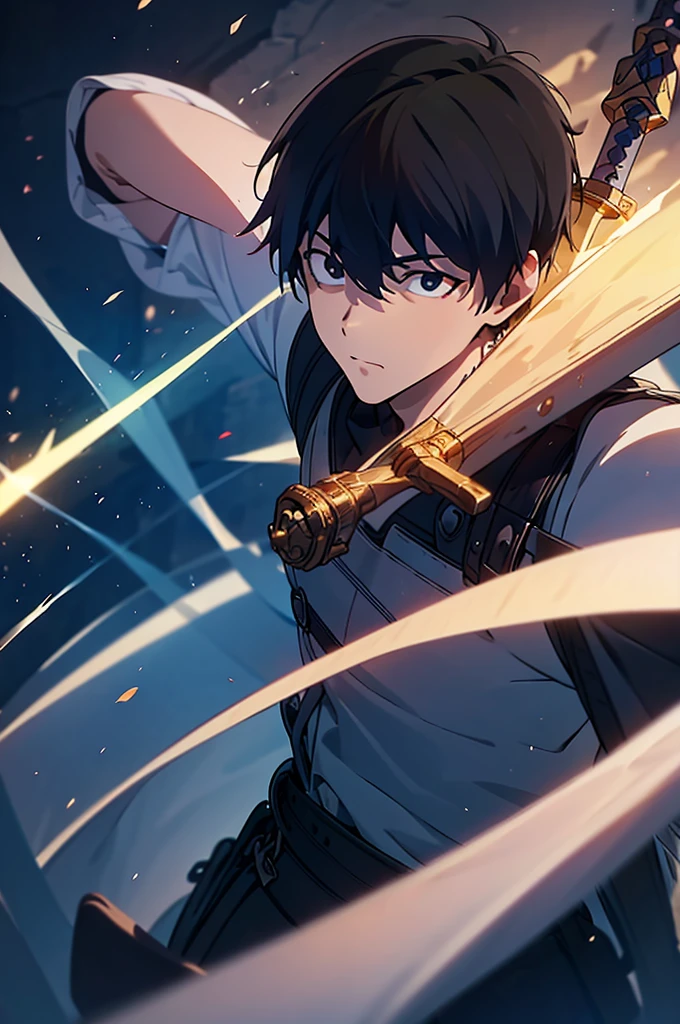 Young man with a young face、male、Short hair brushed up, k minus 1, (masterpiece:1.2, Highest quality),(Colored Background) (Beautiful attention to detail: 1.2), (Highly detailed CG Unity 8K wallpapers, masterpiece, Highest quality, Very detailed, Best Shadow), (Detailed Background) ,arms(Holding a glowing sword),alone ,Black Hair,Eyes with no red light,One person,