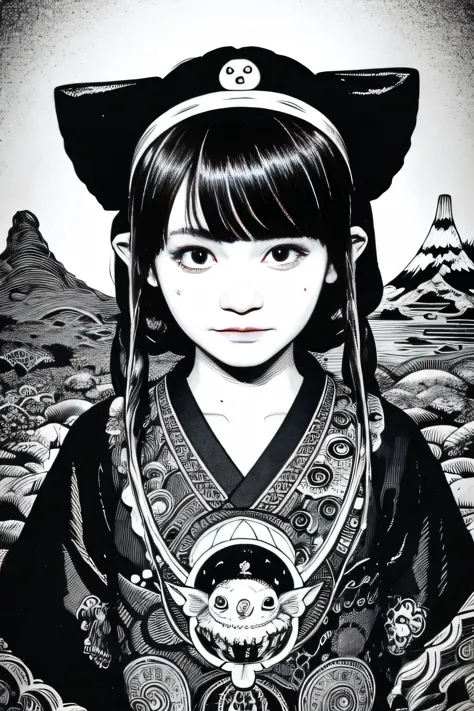 (1 girl:1.2), solo, himecut,traditional japanese clothes, red eyes,cartoon style, joe fenton, a black and white photo of deadpan...