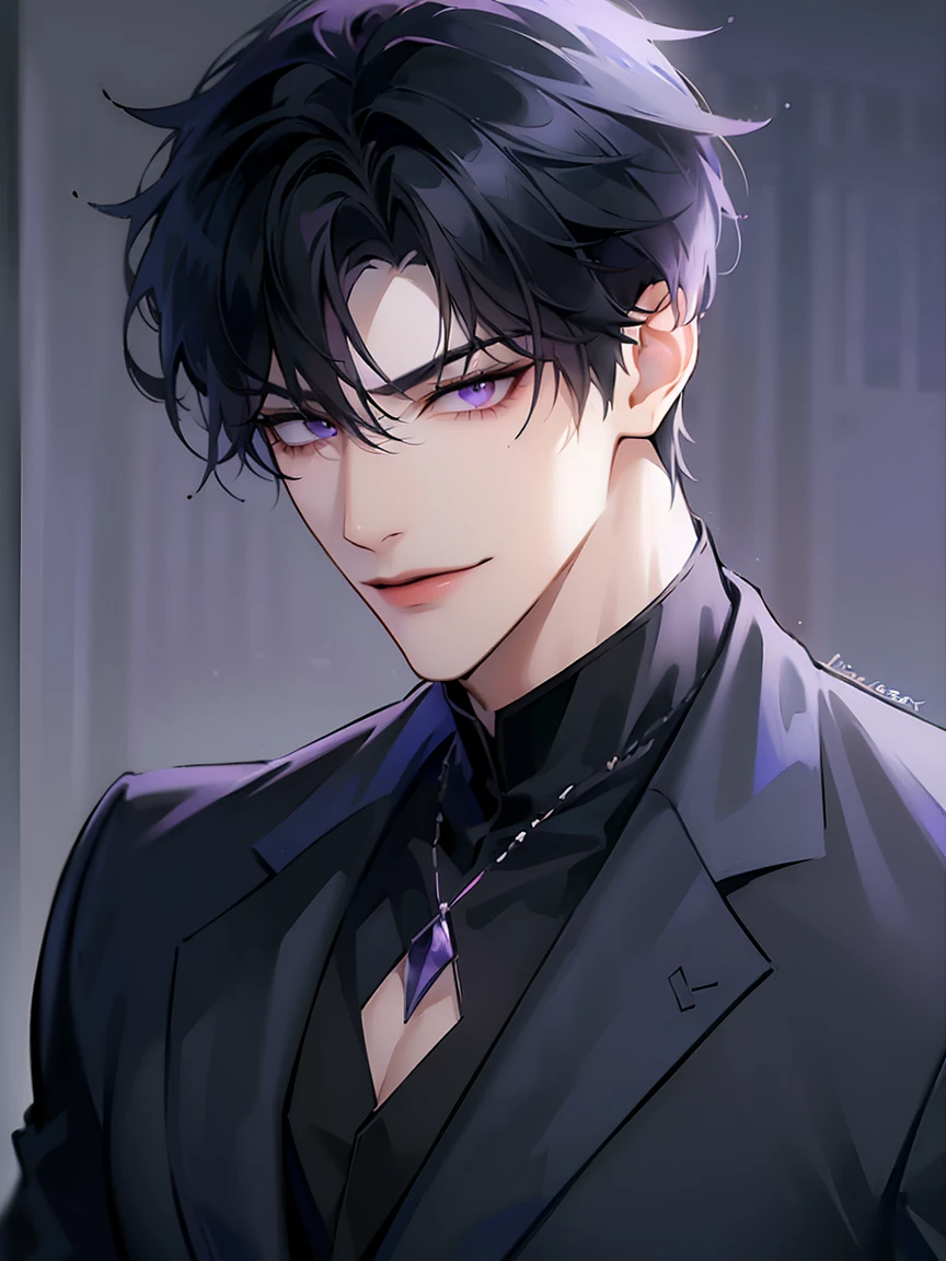 (masterpiece, 8k, high quality, best quality:1.6), 1boy, solo, short hair, black hair, asymmetrical fringe, purple eyes, handsome, sharp eyes, (mature male, mature:1.2), male focus, fashionable, tucked in open purple collared shirt, gray pants, necklace, close up, smile, long eyelashes, soft shadows, perfect anatomy