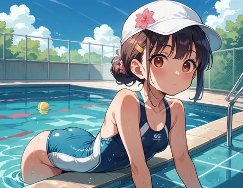 1girl, solo, pool, swim suit, small breasts, クロールで泳いでる, swiming cap,