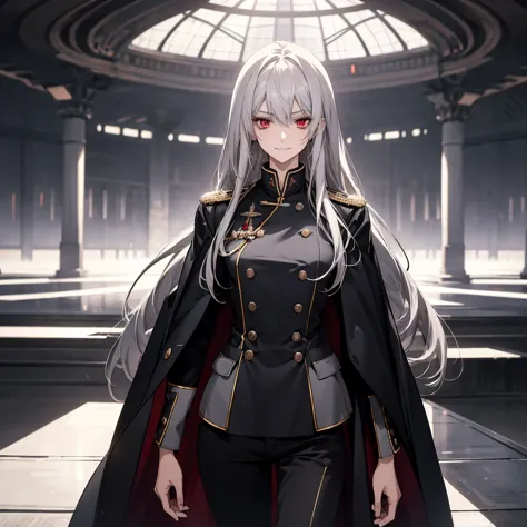 (confused, high resolution, very detailed), 1 female, silver hair,long hair,bright red eyes,white and black military uniform,24t...