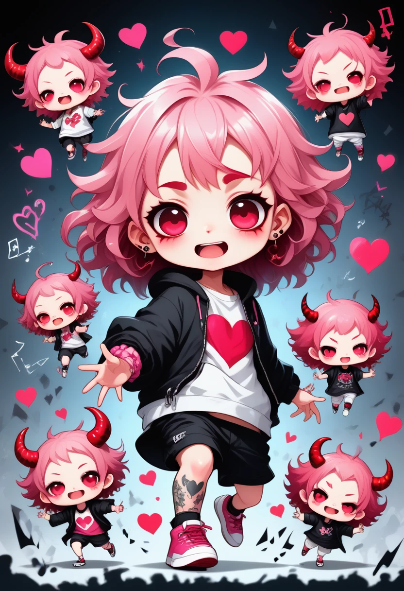 score_9, score_8_up, score_7_up, score_6_up, score_5_up, score_4_up, chibi characters, cute, mean and energetic devil children, pink messy wavy hair, wearing loose baggy hip-hop fashion, make-up, covered in tattoos, background another dimension, notes effects, star effects, heart effects, glitter effects, (ultra detailed, absolutely resolution, best quality:1.3), artistic, hyper, graphic CG digital pop art